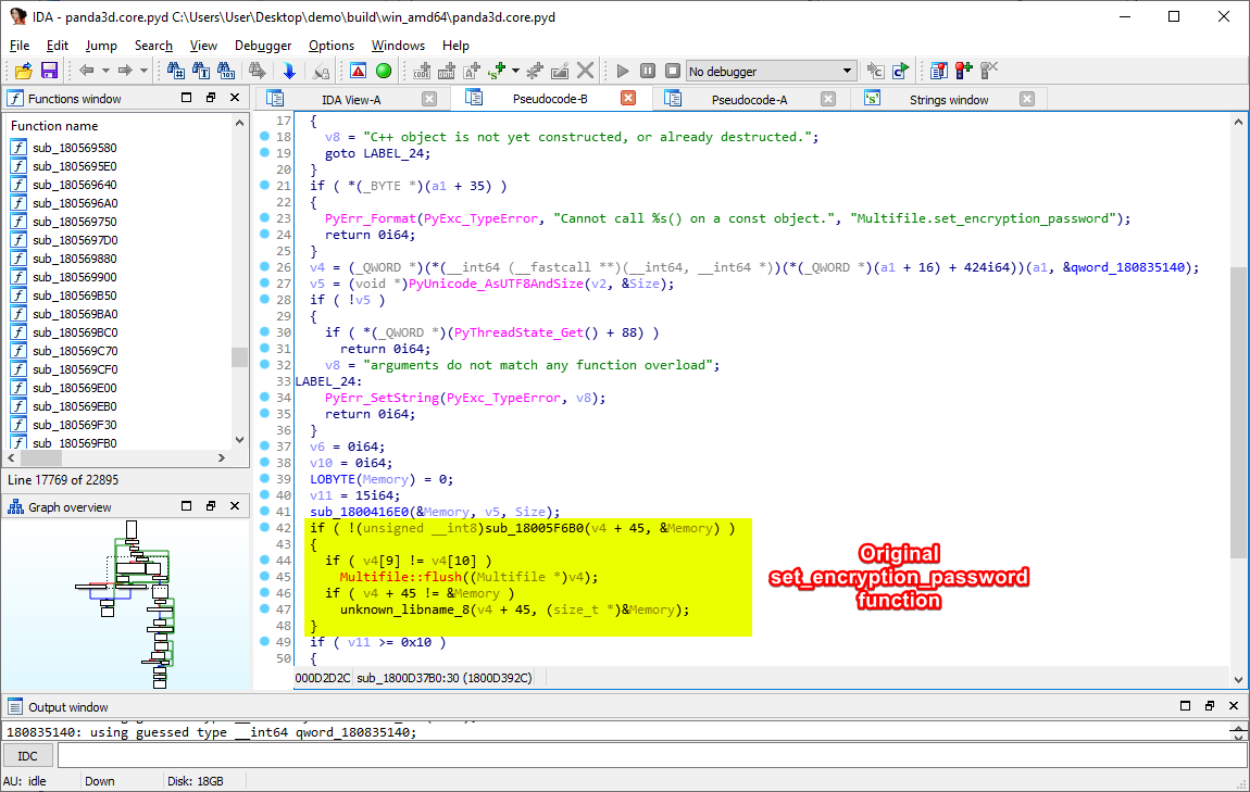 The disassembled pseudocode. Here is the function that sets the encryption password in the memory!